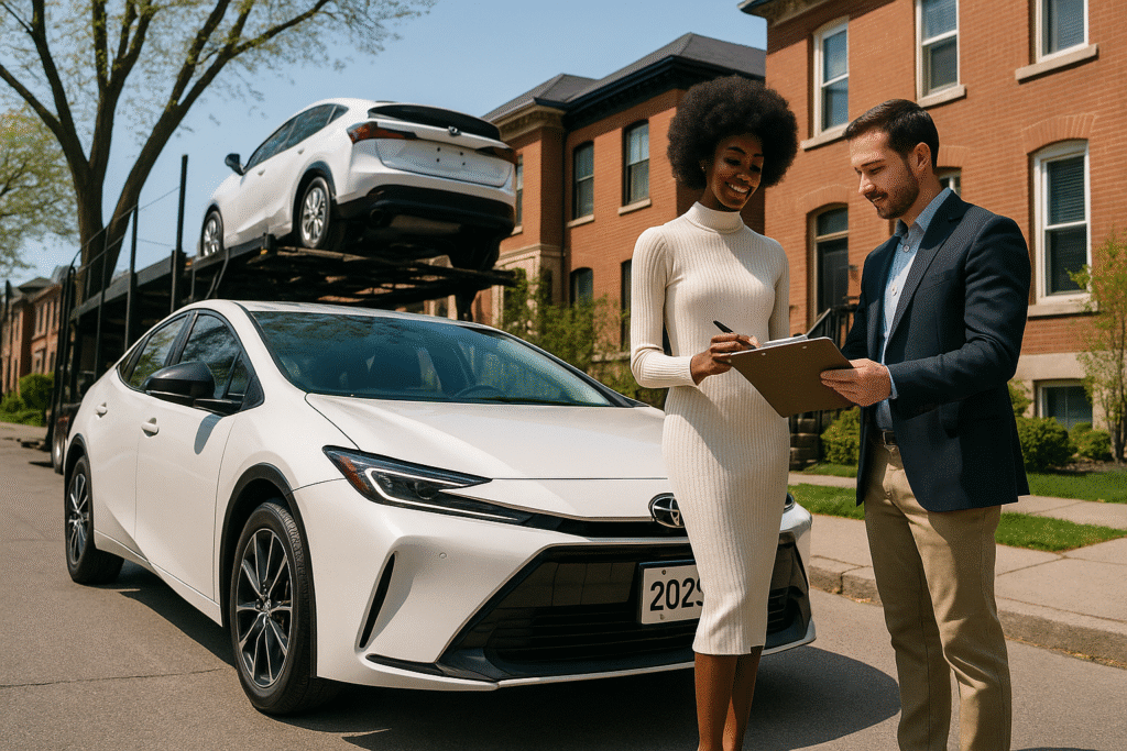 Auto shipping customer signing delivery paperwork for new car from professional driver.