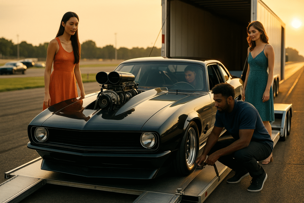 Enclosed trailer with liftgate loading a lowered sports car