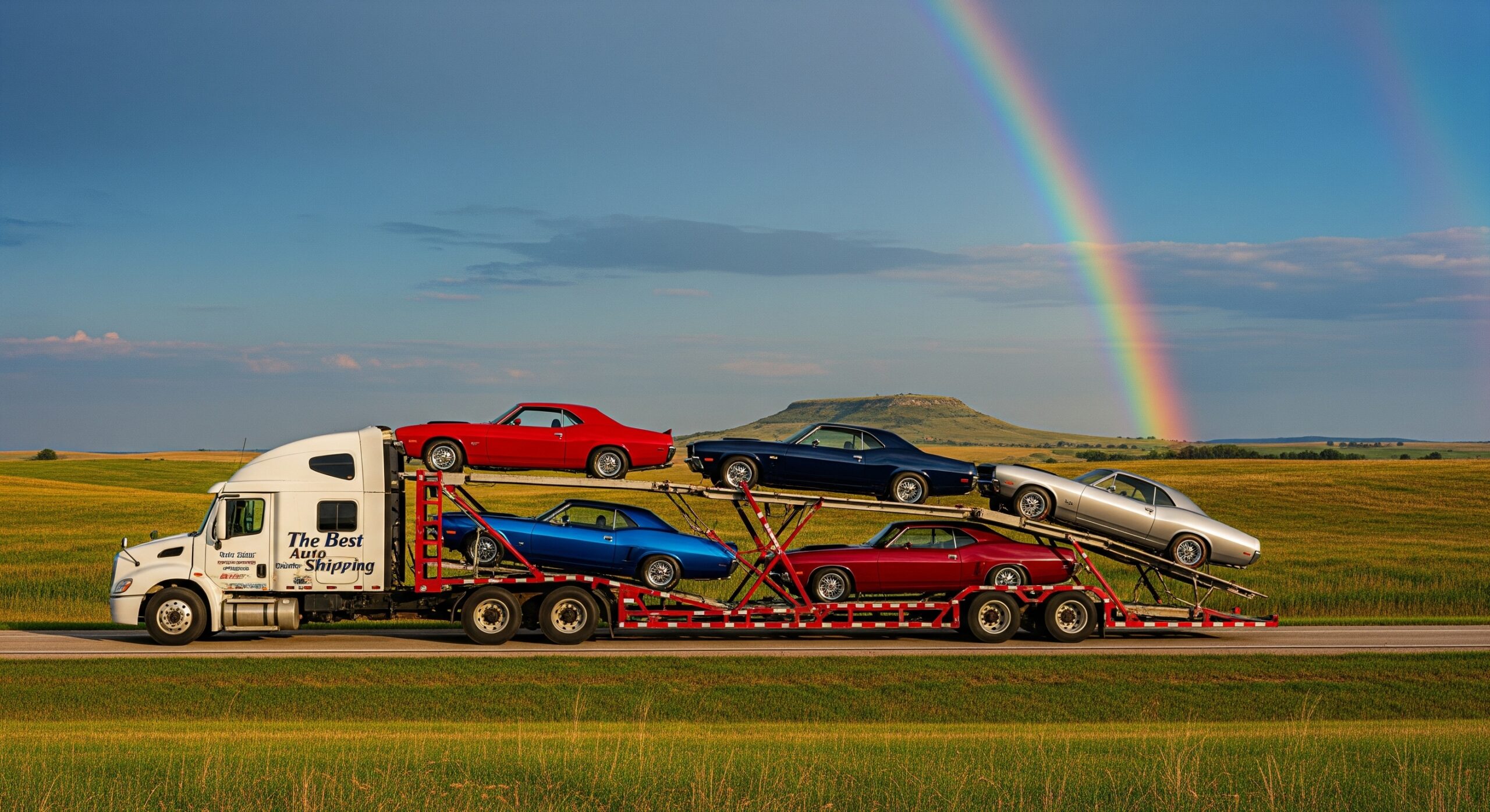 Auto transport truck carrying classic muscle cars under a rainbow in Kansas