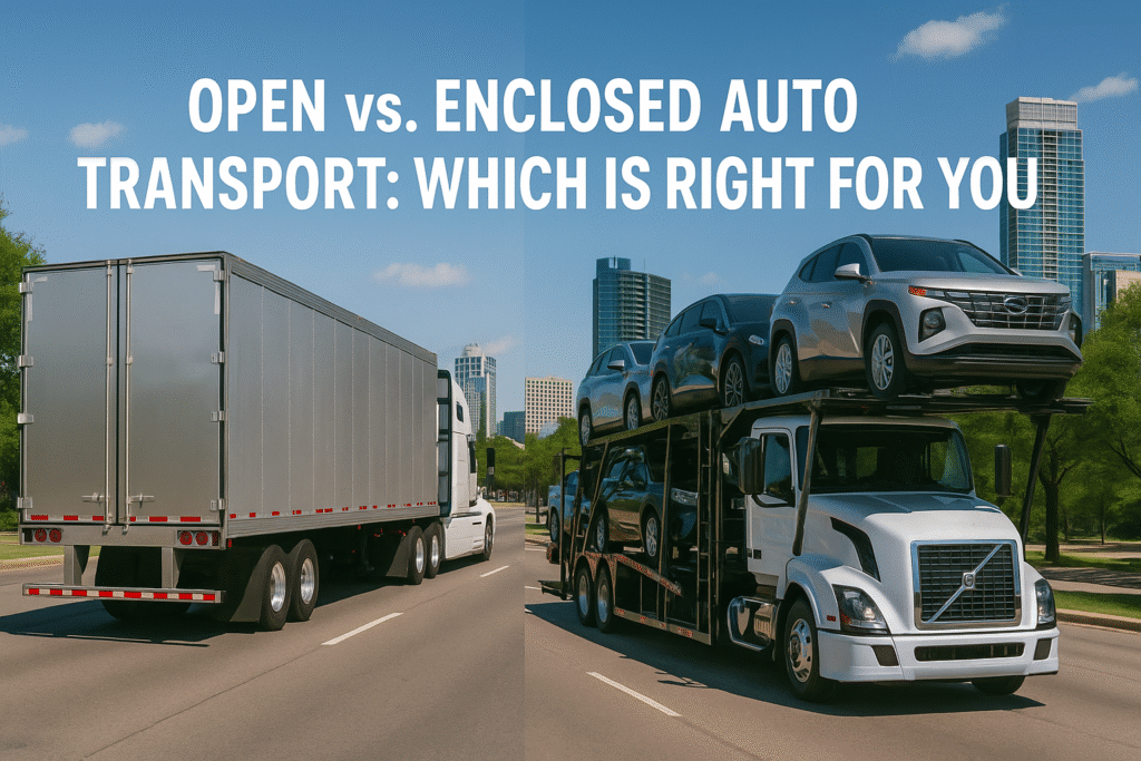 Image banner: Open vs. Enclosed Auto Transport, comparing car carrier truck with enclosed trailer.