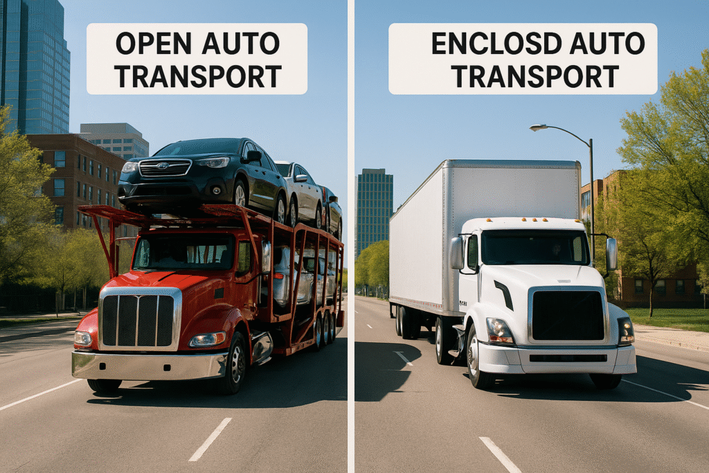 Comparison of open auto transport truck and enclosed auto transport trailer for vehicle shipping.