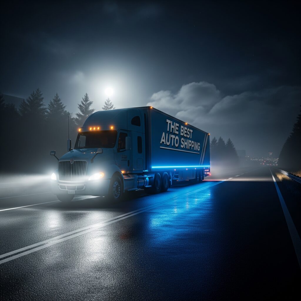 The Best Auto Shipping enclosed truck transporting vehicles at night on a US highway.