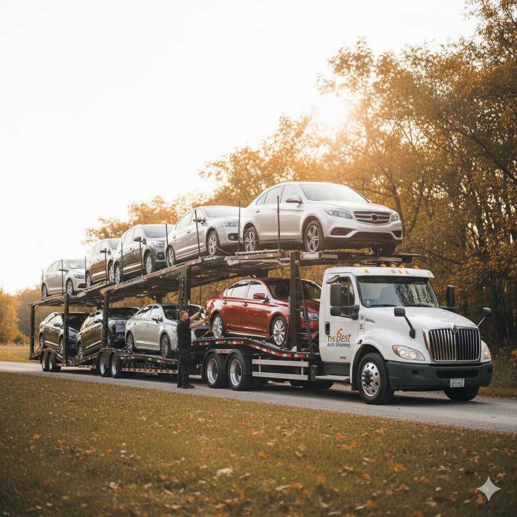 A large, white 10-car auto transport truck fully loaded with vehicles, driving down a tree-lined road.