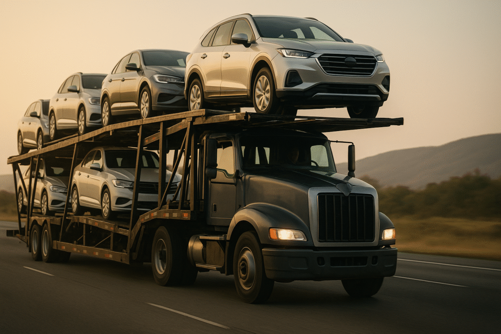 A large open car carrier truck fully loaded with several silver SUVs and sedans, driving on a highway at dusk.