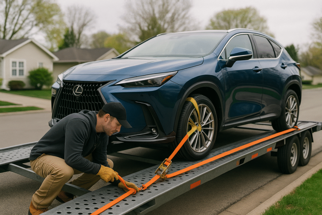 A professional driver secures a blue SUV onto a car transport trailer using a bright orange ratchet strap around the tire.