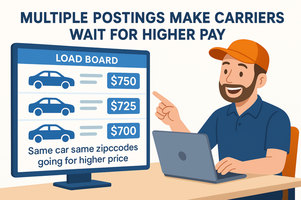 Truck driver smiling and pointing at load board screen showing three identical car shipments at $700, $725, and $750, illustrating how multiple postings make carriers wait for higher pay.