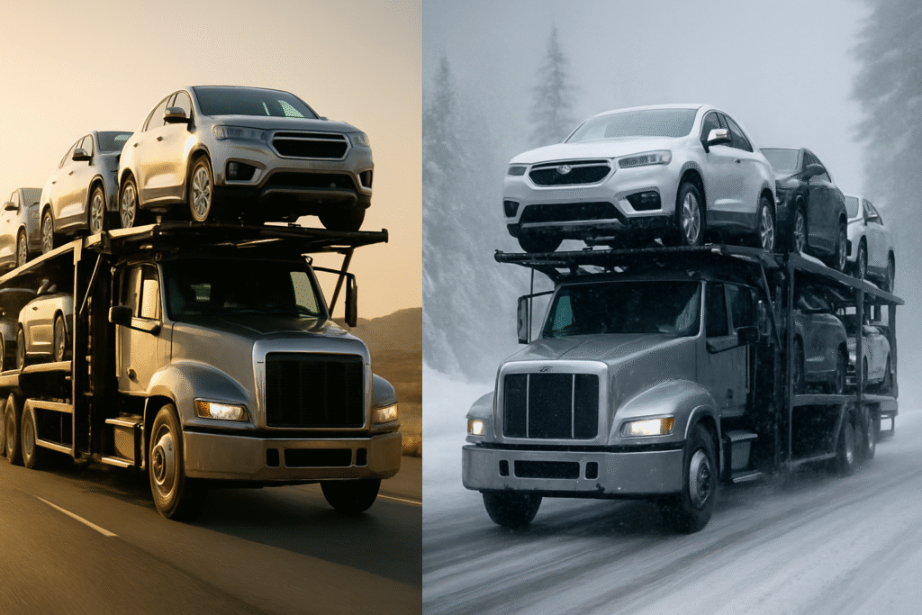 Split screen image comparing seasonal auto shipping. On the left, a car carrier truck drives in the bright sun. On the right, the same truck drives on a snowy road in winter.