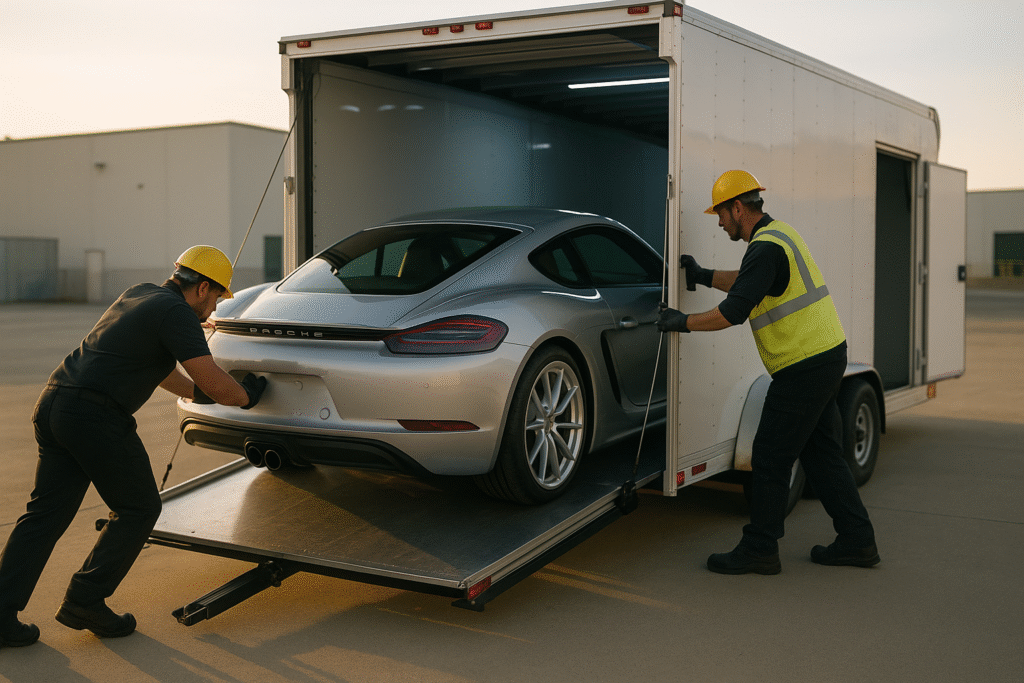 Two professional movers in safety vests carefully guide a silver Porsche sports car up a ramp into an enclosed transport trailer.