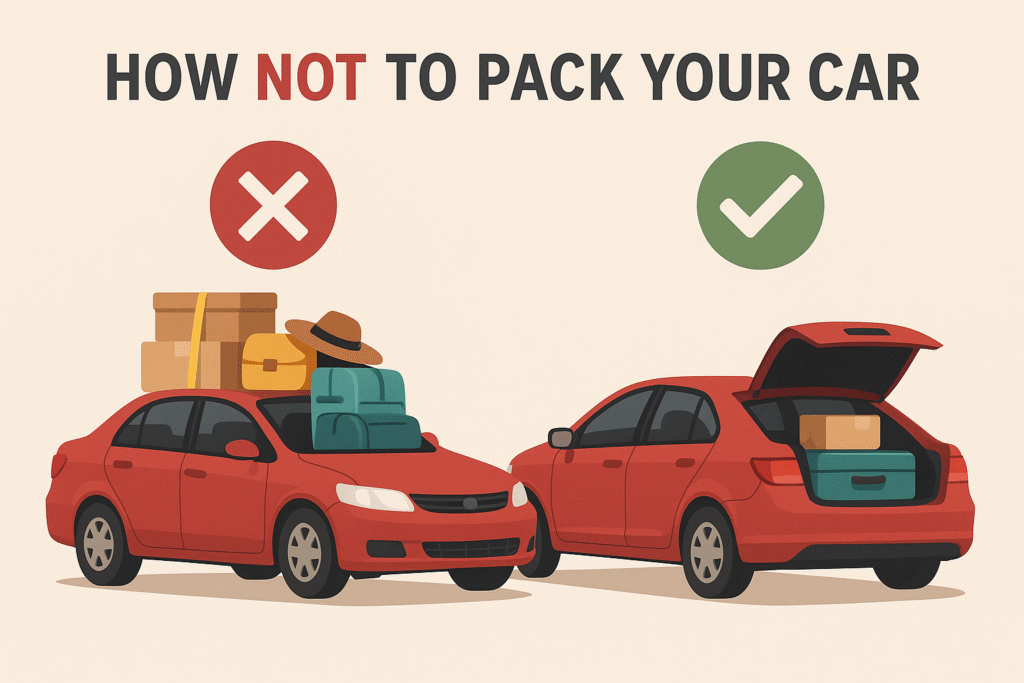 A comparison graphic showing the wrong and right way to pack a car: an overpacked red car with luggage on the roof and interior (X) next to a properly packed red car with only a secure rooftop cargo box (check mark).
