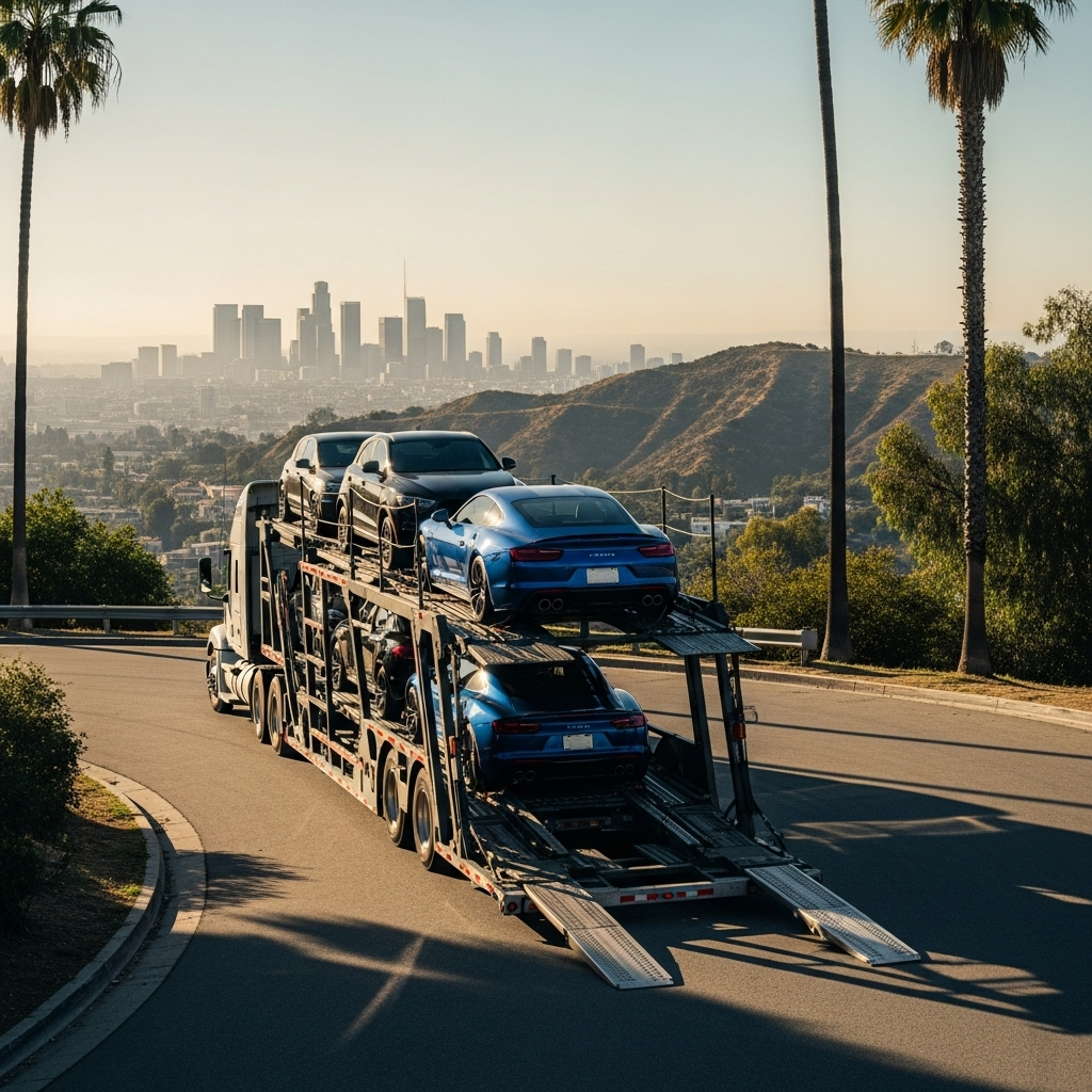 Open car-carrier truck half-loaded with vehicles, loading a blue sports car near the Hollywood Hills overlook in Los Angeles during golden hour, with the skyline and Hollywood sign in the background.