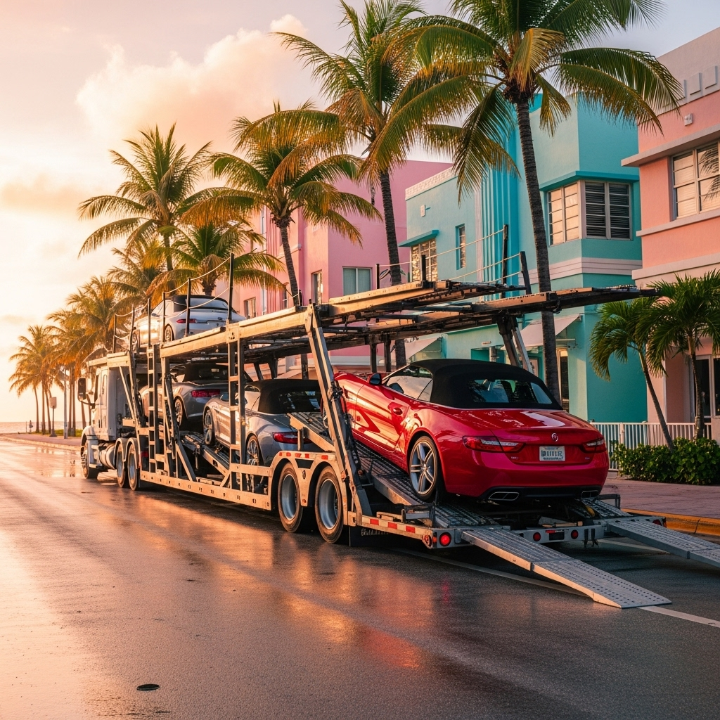 Open car-carrier truck half-loaded with vehicles delivering a red convertible sports car on Ocean Drive in Miami Beach, Florida, with palm trees and pastel Art Deco buildings in golden-hour light.