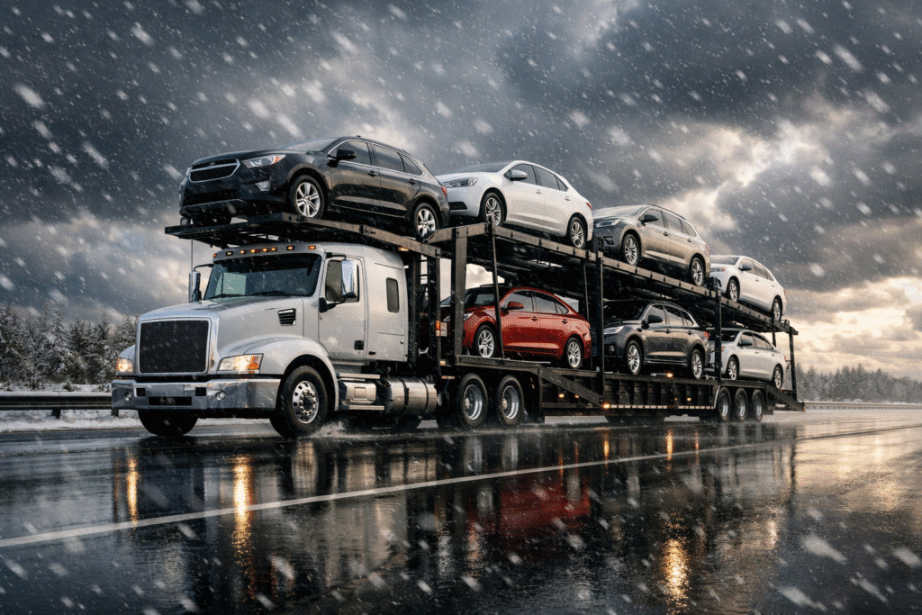 Auto transport truck carrying multiple vehicles on a highway during winter weather conditions
