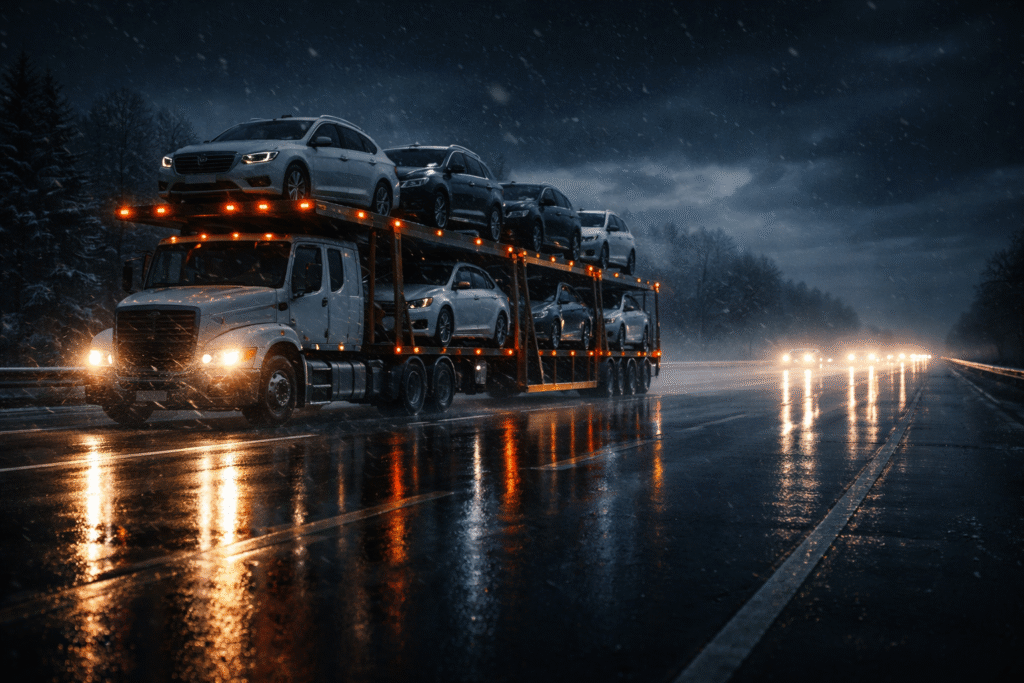 Car carrier truck transporting multiple vehicles on a wet highway during winter weather at night

