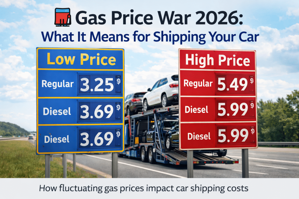 Gas price war 2026 showing high and low fuel prices affecting car shipping costs with auto transport truck