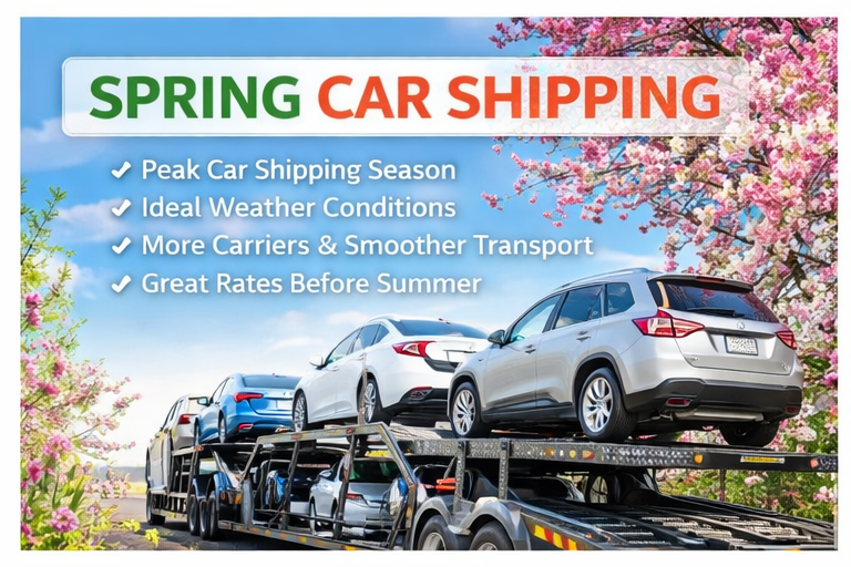 Spring car shipping with auto transport carrier carrying vehicles under blooming trees ideal weather conditions
